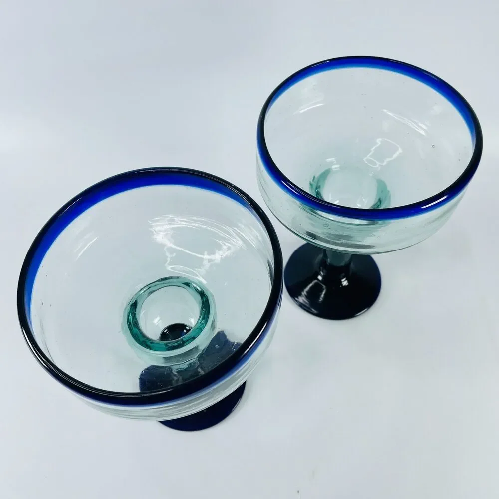 2 LG Hand Blown Margarita Glasses Clear w/ Cobalt Blue Rim & Base Cocktail Glass